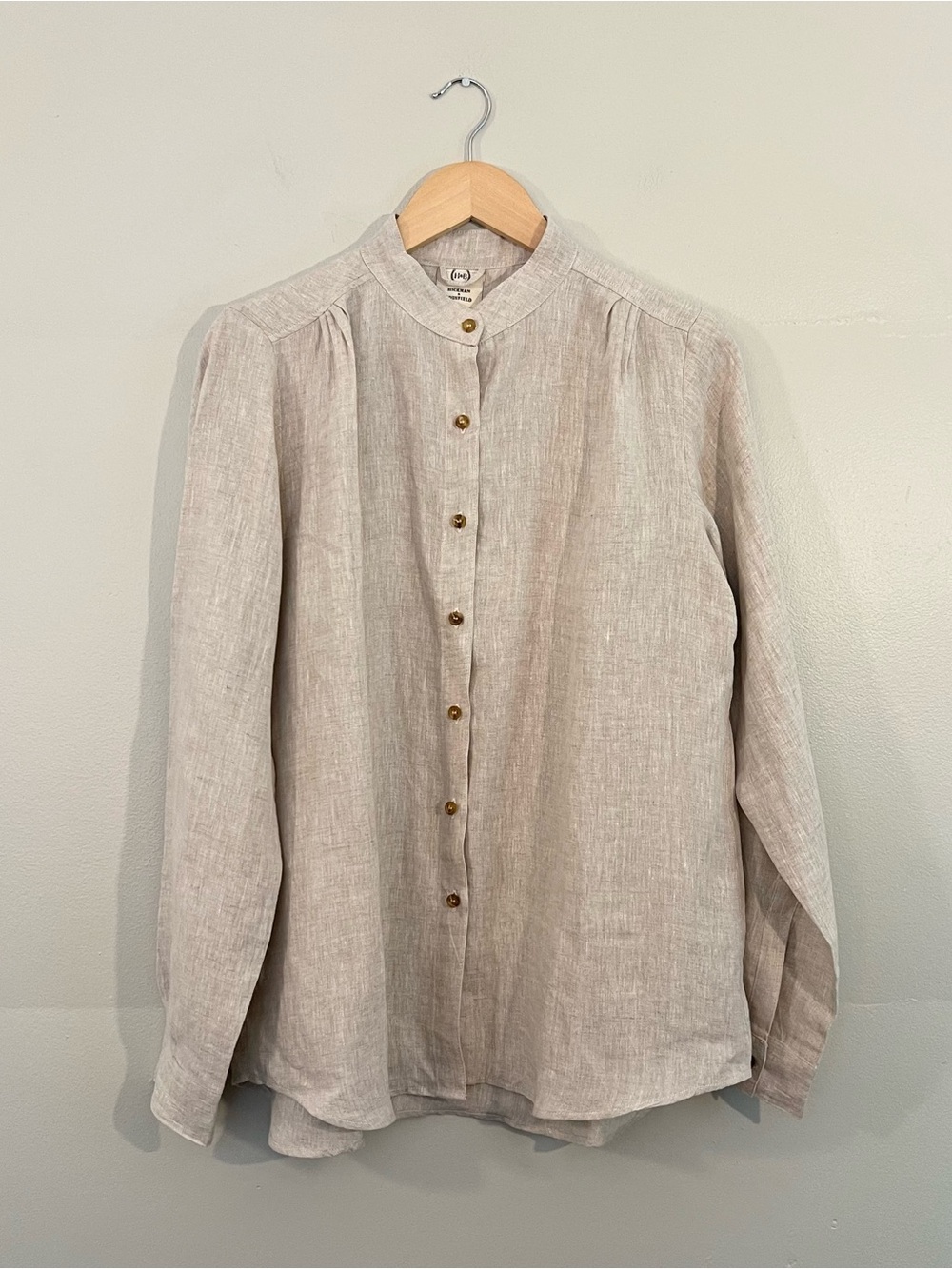 Hickman & Bousfield linen beige collarless button up shirt lightweight safari